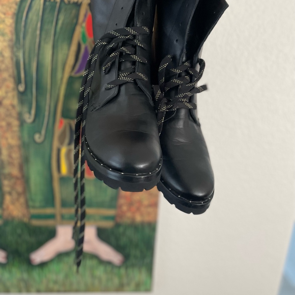Used Freda Salvador Black Lace-Up Moto Boots - Picture 6 of 16
